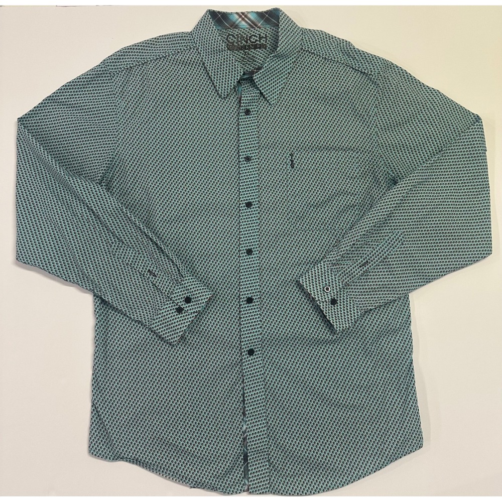 Cinch Modern Fit Mens XL Teal Black Geometric Dot Print Long Sleeve Button Shirt